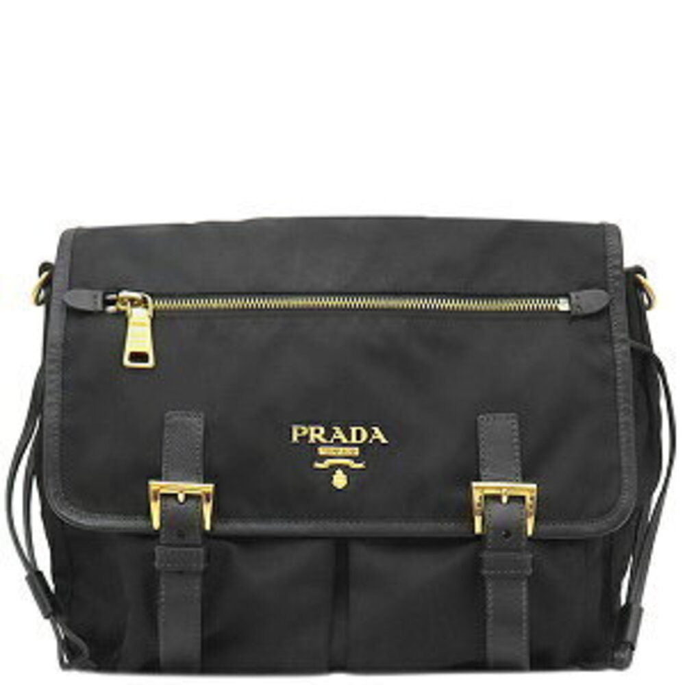 Prada Shoulder Bag Metal Logo Leather Black